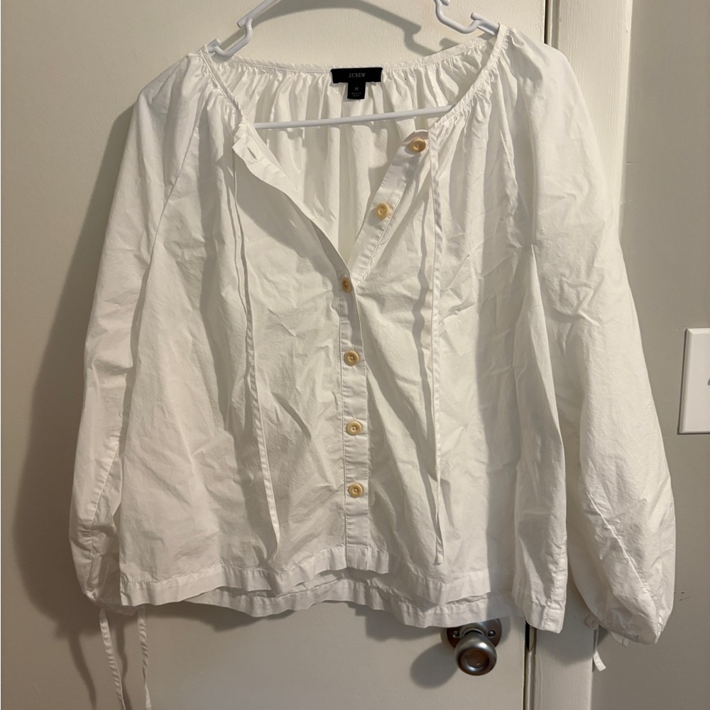 JCrew white blouse with cute ties and wooden buttons size medium